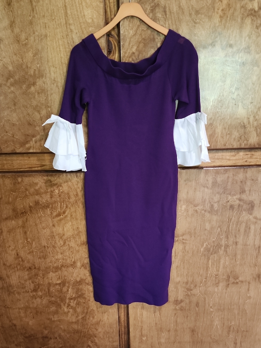 Purple Sheath Dress with White Ruffle Sleeves